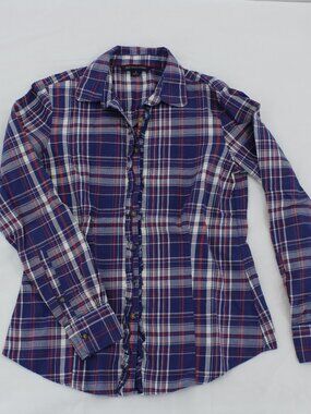 Brooks Brothers Women's Plaid Shirt – Front Ruffles – Blue/Red – Size XS